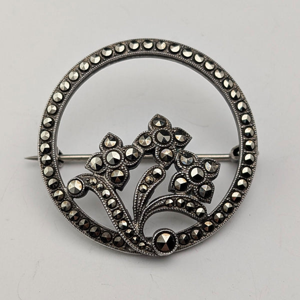 Vintage Sterling Silver Marcasite Floral Round Brooch